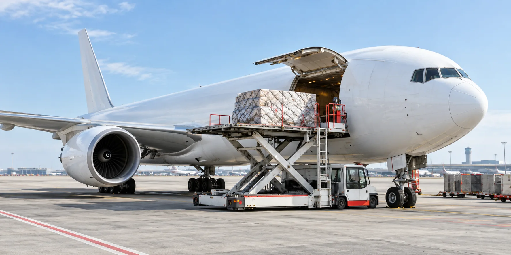 Avión de carga con un palé sobre una plataforma elevadora; imagen ilustrativa