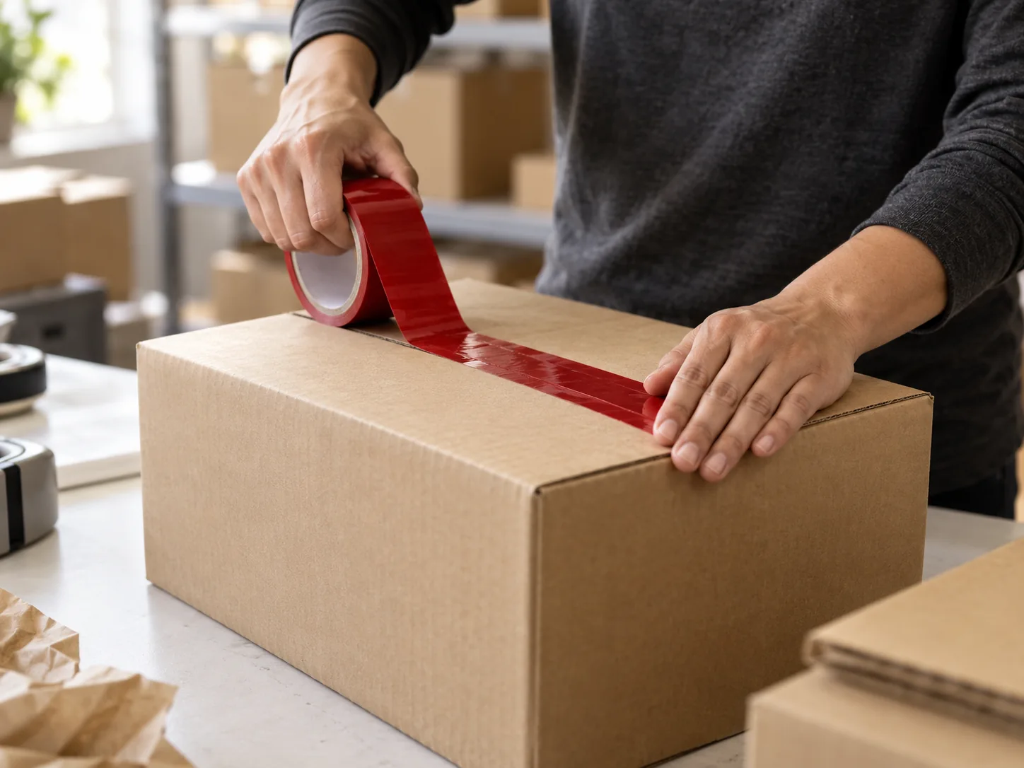 Manos sellando una caja de envío con cinta roja; imagen ilustrativa