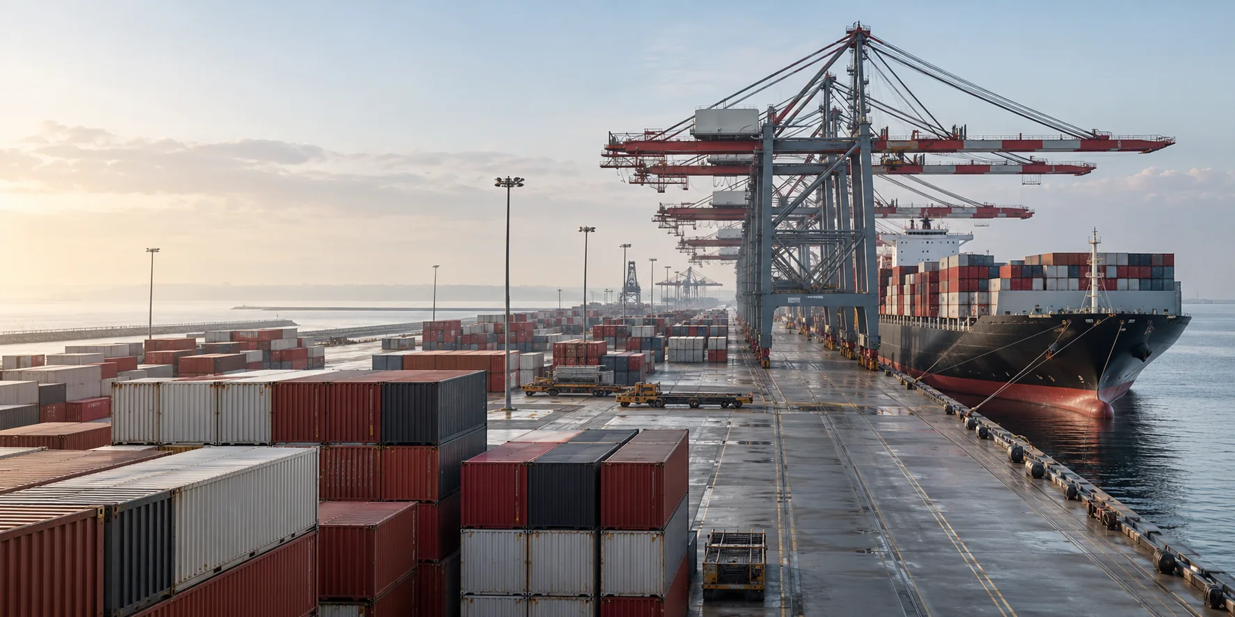 Buque y grúas junto a contenedores en una terminal portuaria; imagen ilustrativa